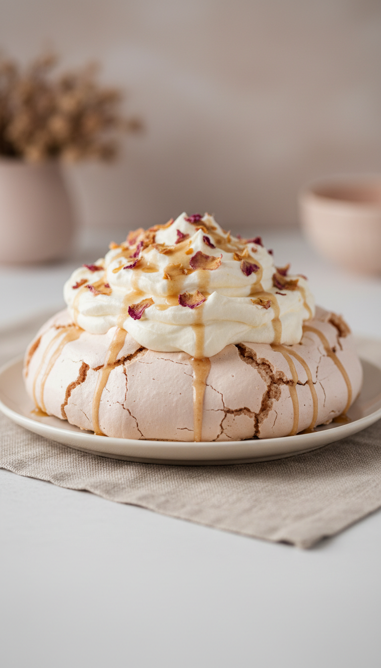 Pavlova con pétalos de rosa