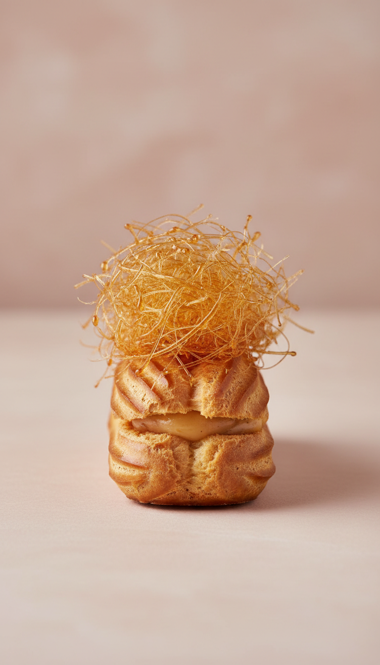 Éclair con caramelo hilado artesanal